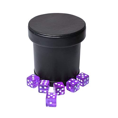 PU Leather Dice Cup with Lid, Purple Velvet Interior Quiet Dice Shaker Cup Including 6 Purple Translucent Dice for Liars Dice/ Farkle/ Yahtzee Games, 1 Pack - color: Purple