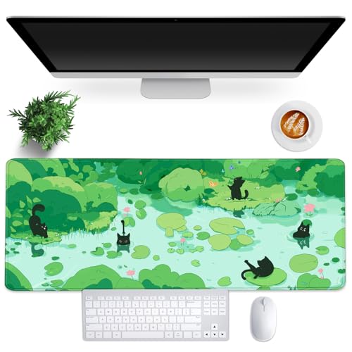 FLY SPRAY Gaming Mouse Pad for Computer,XXL Cute Cat Mousepad Laptop,Green Anime Mouse Mat,Extended Large Black Japanese Keyboard Pads,Non-Slip Mouse Pads for Game Office Home（31.5 x 11.9 in） - color: Black Green Cat