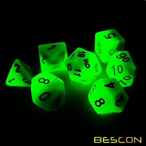 Bescon Gradient Glowing Polyhedral Dice 7pcs Set Forest Light, Gradual Luminous RPG Dice Set Glow in Dark, Novelty DND Game Dice d4 d6 d8 d10 d12 d20 d% in Brick Box - color: Forest Light