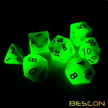 Bescon Gradient Glowing Polyhedral Dice 7pcs Set Forest Light, Gradual Luminous RPG Dice Set Glow in Dark, Novelty DND Game Dice d4 d6 d8 d10 d12 d20 d% in Brick Box - color: Forest Light