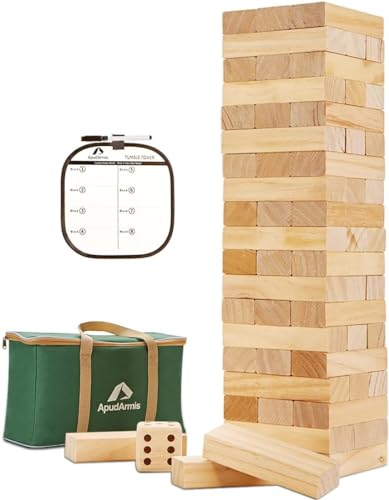 ApudArmis 56 PCS Giant Tumble Tower, Wooden Stacking Game Stacks Over 5FT | Each Block 7.48 * 2.48 * 1.5In. Non-toxic, crack-resistant. Includes dice & bag. Indoor & outdoor game for teens and family - color: Burlywood, size: XL-Over 5FT