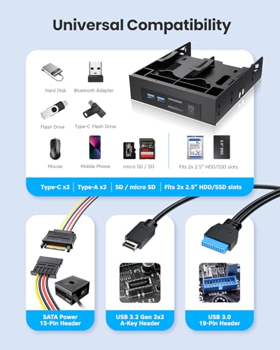 GRAUGEAR 5.25” Front Panel USB Hub, Internal SD/microSD Card Reader for Desktop PC, Gen2x2 20Gbps USB-C Port, Dual 2.5" SSD/HDD Slots, USB3.2 Type-E Key-A & USB3.0 19-Pin Header