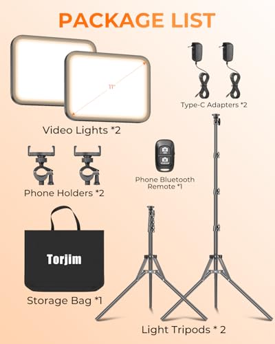 Torjim 11 Inch Video Light Kit for Creators-24W High Brightness Studio Lights with Tripod Stand & Phone Holder & Remote, Adjustable Photography Lighting for Clearer YouTube Streaming Home Studio - size: 11 inch