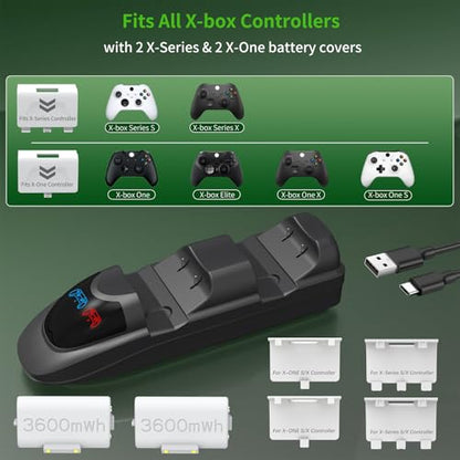 Controller Charger Station,Charger with 2 Packs 3600mWh Rechargeable Battery for Xbox One/Xbox Series X/S Controller,Dual Charging Dock with 4 Battery Covers for Xbox(White)