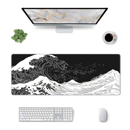 Large Gaming Mouse Pad Desk Mat, Japanese Great Waves Extended Keyboard Mouse Pad Mousepad with Non-Slip Base and Stitched Edge Mouse Mat Desk Pad Mouse Pads for Desk Home Office, 31.5 x 11.8 - color: Japanese Waves