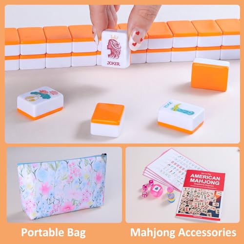 American Mahjong Tile Set, 160 Orange Engraved Melamine Mahjong Tiles with Mahjong Tile Bag and Mahjong Accessories - color: Orange