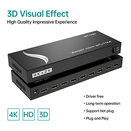MT-VIKI HDMI Splitter 1 in 8 Out, Powered 8 Port HDMI Signal Duplicator Supports 4K@30Hz, Long Distance Transmission for Conference Room, Church,Classroom, Retail Display - size: 1x8 4K30