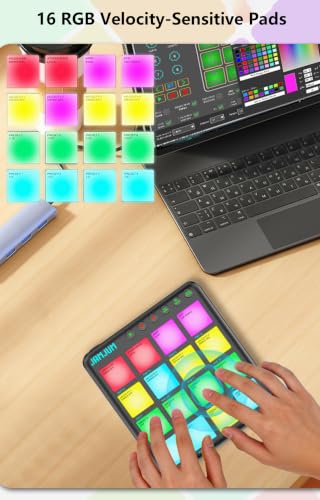 Mini Wireless MIDI Controller Pads, Mini Controller Pad for Beat Making & DJ Performance, 16 RGB Velocity Pads with Aftertouch, Bluetooth & USB MIDI