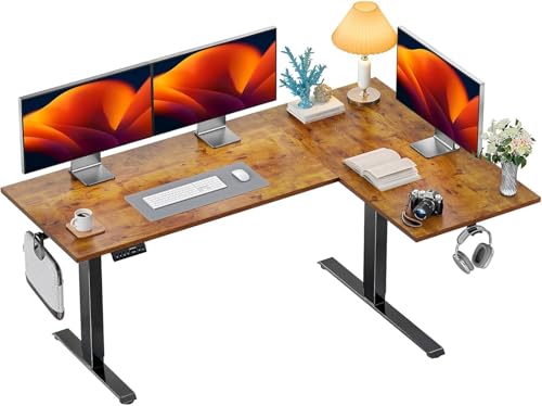 HUANUO Dual Motor 71x48 inch L Shaped Electric Standing Desk with 3 Preset Heights, Electric Height Adjustable Computer Table, 2 Hooks & Cable Tray, Raising Desk for Home Office, Vintage Brown - color: Vintage Brown, size: 71" x 48"