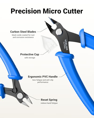 VCELINK Small Wire Cutter Spring-loaded GJ706BL, Precision Flush Cutter Pliers Diagonal Cutters for Electronics, Jewelry Making, Model Craft and 3D Printer, 5-Inch | Spring-loaded Flush Cutter. Carbon Steel HRC51-53. For Electronics, Jewelry, Zip Ties. -