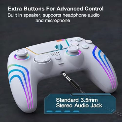 RGB Wireless Game Controller for PlayStation 5 Bluetooth Replacement Gamepad for PS-5/ Windows PC Rechargeable Double Vibration Motion Sensor Joystick Remote Joypad with 1500mAh Battery,Turbo (White) - color: White