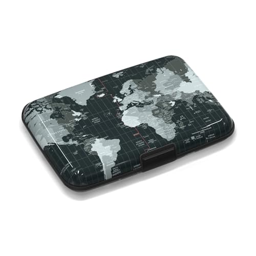 Metal Credit Card Holder for Women or Men,World Map RFID Blocking Slim Hard Card Case ID Case Mini Aluminum Travel Wallet - color: World Map