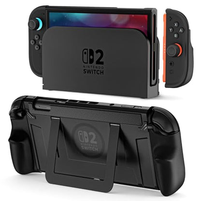 COOWPS P2 Dockable Split Protective Case for Nintendo Switch 2, with Comfort Non-Slip Ergonomic Grip, Magnetic Ring Design & Stable Kickstand, Hard Shell Military-Grade Protection Switch 2 Grip Cover - color: Dark Black