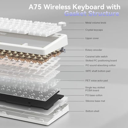 SOLAKAKA A75 Wireless Gaming Keyboard with Multifunction Knob, BT5.0/2.4GHz/USB-C, 75% Mechanical Keyboard, Hot-Swappable, Gasket Creamy Keyboard with RGB Backlit, Crystal Keycaps, for PC/Mac/PC - color: Crystal-White