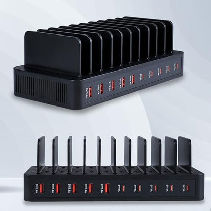 100W 10-Port Smart Charging Station | 5 USB-A & 5 USB-C Ports | Organized Design for Cellphones, Tablets, Watches & More (Black)