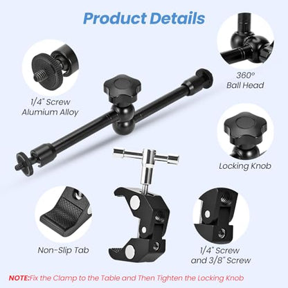 11‘’ Magic Arm with Crab Clamp, Super Clamp Kit 1/4“ & 3/8” Threads Screws, Heavy Duty Magic Arm for DSLR, Phone, Monitor, LED Light, Action Cam, 360° Ball Rotating Camera Mount