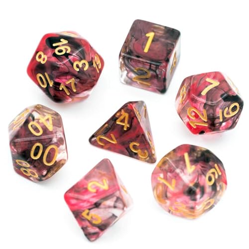 UDIXI Resin DND Dice Set 7PCS Polyhedral D&D Dice for Role Playing Games | Red Black Colors, Dreamy Effect, Velvet Dice Bag Packaging, for Dungeons and Dragons Role Playing Games and Tabletop Games - color: S-red and Black