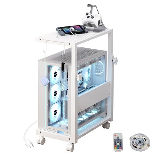 PC Tower Stand Height Adjustable with Charging Station | Computer Tower Stand with LED Light Strip,Mobile Rolling CPU Holder for Office Home (White Texture) - color: White Texture, size: 19.29'' × 11.42'