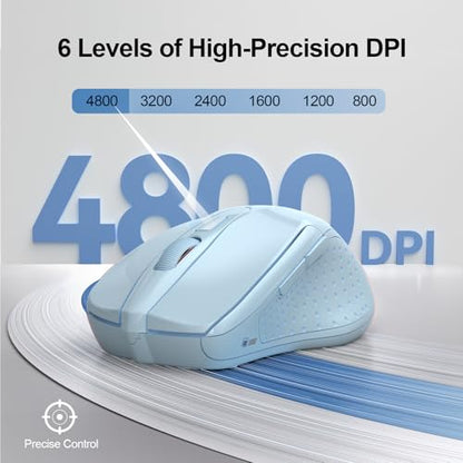 TECKNET Wireless Mouse, BT 5.0/2.4G, Silent 4800 DPI 6 Buttons, Lightblue | Bluetooth 5.0/3.0 & USB A, 2-Device Easy Switch, Wide OS Compatible, 6-DPI, Ergonomic for S/M Hands, Extended Battery - color: Lightblue