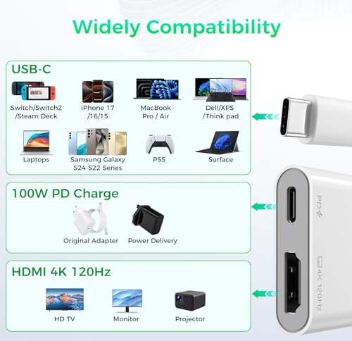 USB C to HDMI 4K@120Hz TV Adapter with 100W PD Fast Charging for iPhone 17 | Type-C Digital AV Display Hub, Travel-Friendly, Plug & Play, iPhone 17 16 15, iPad, Steam Deck, Switch 2, More USB-C Devices
