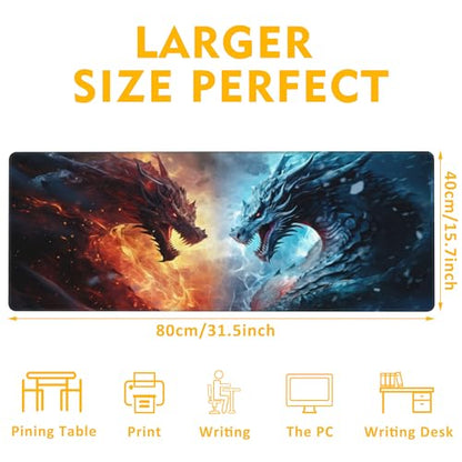Desk Pad,Japanesev Anime Fire Ice Dragons Mouse Pad,31.5"X15.7" Extended Gaming Mouse Pad Mat with Stitched Edge Non-Slip Base Big Desk Mat for Office Keyboard Laptop - color: Fire Vs Ice Dragons Ready Battle