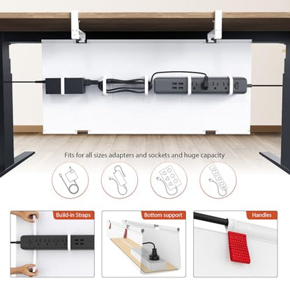 Univivi No Drill Under Desk Cable Management Tray, 28 inch Cable Management | Clamp/Screw Mount Cable Management Desk, Premium Fabric Cable Management Box, Various Sizes Wire Management for Office, Home - color: White, size: 28"L x 5.5"W