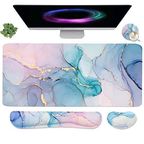 4-in-1 Large Gaming Mouse Pad, Keyboard Wrist Rest Pad & Wrist Support Mousepad Set, Extended Desk Pad Waterproof Desk Mat for Home Office Study Game - Blue - color: Blue Marble