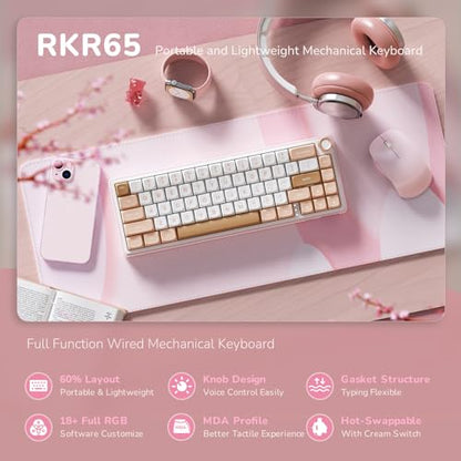RK ROYAL KLUDGE R65 Wired Mechanical Keyboard with Volume Knob, 60% Percent RGB Backlit Gasket Mount Gaming Keyboard with PBT Keycaps, MDA Profile, QMK/VIA, 66 Keys Hot Swappable Cream Switch, Pink - color: Pink
