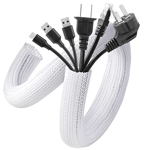AGPTEK Cable Sleeve Cover, 6.6ft - 1.2 inch Desk Cord Organizer Cable Hider, Home Office Wire Management Computer TV Wire Loom Tubing, Pet Proof Cord Protector, from Cat Dog Chewing, White - color: White, size: 1.2"-6.6ft