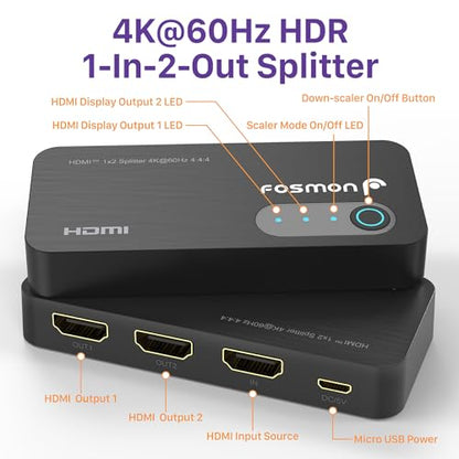 Fosmon HDMI Splitter 1 in 2 Out (4K@60Hz) 2 Port HDMI Splitter for Dual Monitors Duplicate/Mirror Only (*Not for Multi Monitors) with EDID Down-Scaler for Dual Identical Display Support