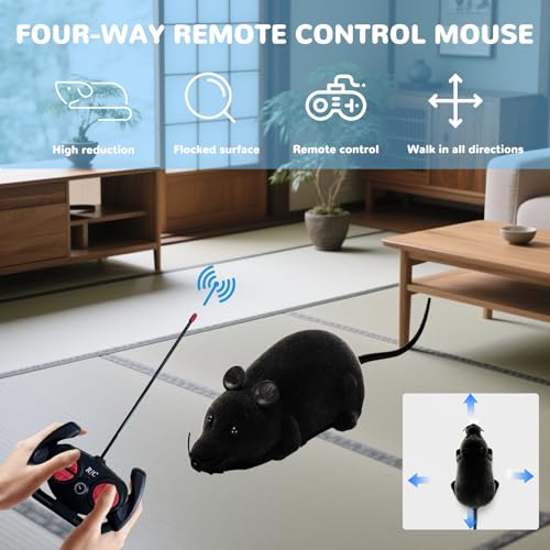 Remote Control Rat Mouse Cat Toy Realistic RC Fake Rat Mouse Toy Flocking Wireless Funny Chasing Electronic Interactive Cat Toys Prank Joke Scary Trick Rats for Cats Dogs Novelty (Black) - color: Black