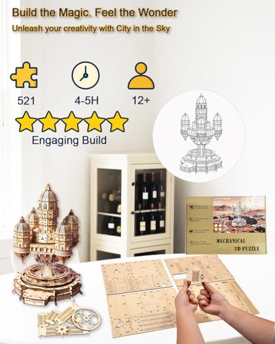 3D Wooden Puzzle for Adults – SkyCity Floating Castle Music Kit with LED Lights & Rotating Mechanism, DIY Mechanical Building Set, Hobbies Puzzle Models for Teens & Collectors - style: SkyCity Floating Castle