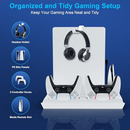 Cooling Station for PS5 with Dual Controller Charging Station, Stand for PS5 Slim Console, Headset Holder, 4 USB Hub & USB-C Port - All-in-One Accessories Organizer, White