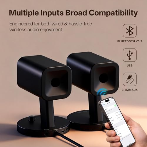 Sanyun SW202 24W 2.0 Computer Speakers, DSP-Enhanced Clear Stereo, 3 Modes | Game/Movie/Music Modes, 16bit DAC, USB/Bluetooth 5.2/AUX, 2.25" Full-Range Drivers, RGB Lighting, Compact Design(Pair, Black) - color: SW202 Black