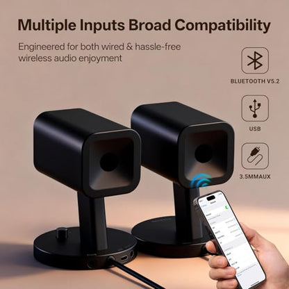 Sanyun SW202 24W 2.0 Computer Speakers, DSP-Enhanced Clear Stereo, 3 Modes | Game/Movie/Music Modes, 16bit DAC, USB/Bluetooth 5.2/AUX, 2.25" Full-Range Drivers, RGB Lighting, Compact Design(Pair, Black) - color: SW202 Black