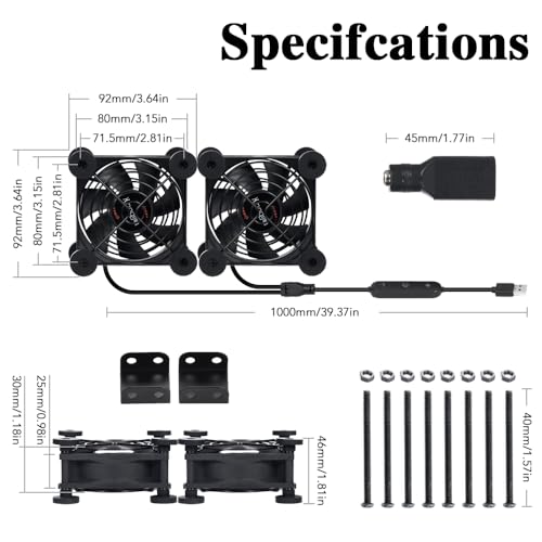 Dual 80mm Cooling Fan 10-Speed IPX5 USB 5V/DC 12V for Router Xbox | Dual 80mm fan, 10-speed controller, USB 5V/DC 12V dual voltage. IPX5 waterproof, 15dB quiet, double ball bearing 60,000hrs.