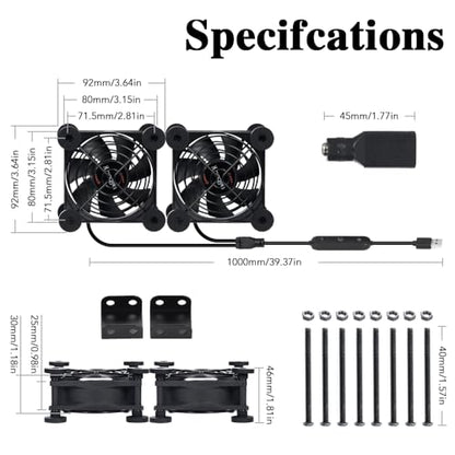 Dual 80mm Cooling Fan 10-Speed IPX5 USB 5V/DC 12V for Router Xbox | Dual 80mm fan, 10-speed controller, USB 5V/DC 12V dual voltage. IPX5 waterproof, 15dB quiet, double ball bearing 60,000hrs.