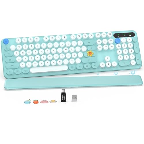 Wireless Keyboard, Round Keycaps, Retro Typewriter Keyboard with Detachable Wrist Rest, Sleep Mode, Foldable Legs, 2.4GHz Full-size Cordless Computer Keyboard for Windows/PC/Laptop (Tiffany Blue)
