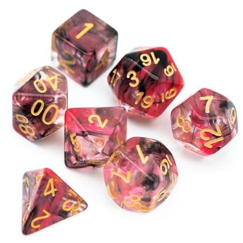 UDIXI Resin DND Dice Set 7PCS Polyhedral D&D Dice for Role Playing Games | Red Black Colors, Dreamy Effect, Velvet Dice Bag Packaging, for Dungeons and Dragons Role Playing Games and Tabletop Games - color: S-red and Black