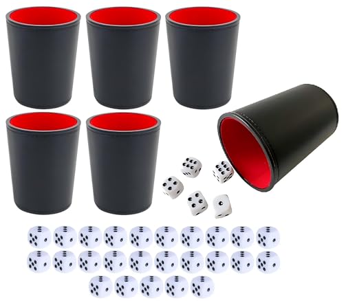 Leather Dice Cup, Quite Felt-Lined Interior, 6 Shaker Cups and 30 Dot Dices, one Carry Bag (Black and Red) - color: Black and Red