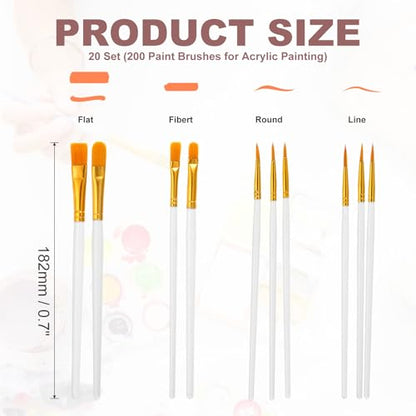 PATIKIL Paint Brushes Set, 200Pcs Acrylic Paint Brush Nylon Hair for Watercolor Oil Painting Miniature Detailing Rock Painting, White - color: White