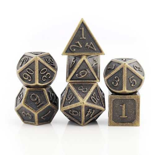 Haxtec Metal DND Dice Set, 7 Pcs Antique Polyhedral Dice for Table Games | Bronze D&D Dice with Leather Bag, Compatible with Dungeons and Dragons, Ancient Heavy Metallic, TTRPG Gifts for DND Lovers - color: Bronze