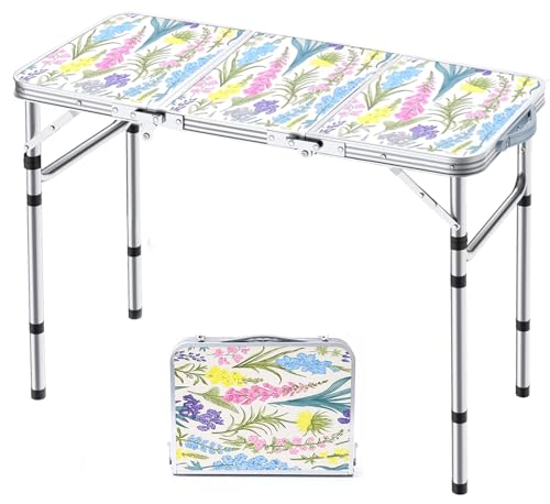 Yriuat Folding Camping Table 3ft Portable Picnic Table Adjustable Height Small Card Table Aluminum Foldable Lightweight with Carry Handle for Outdoor Indoor Hiking Camp BBQ Beach (Blooming Floral) - color: Blooming Floral, size: 35"l X 16"w X 27"h