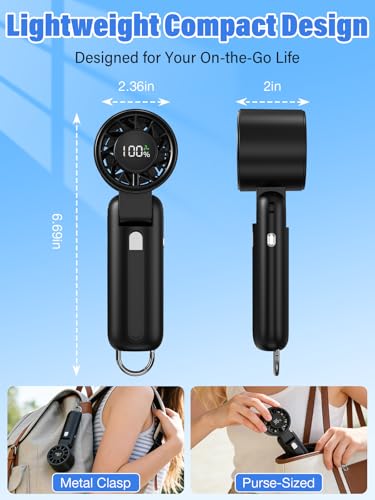 AI Handheld Fan Turbo, 100-Speed Portable Fan Rechargeable, Mini Fan with 12800 RPM Strong Airflow, Foldable 4-in-1 Personal Fan for Travel, Camping, Beach & Office, USB-C & Lightweight & Quiet - color: Black