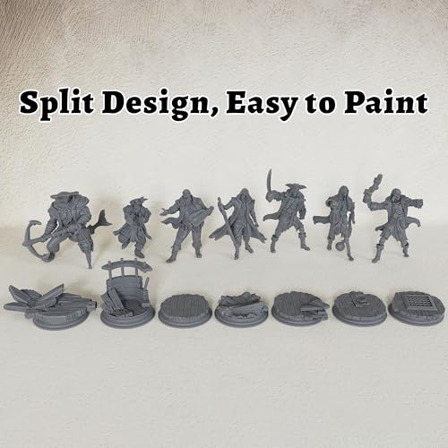 AUSPDICE 28mm DND Minis Fantasy Tabletop RPG Miniatures, Pirate Crew AS800 | 7 Pirate Figures for Dungeon Masters: Skeleton Crew, Shark Warrior, Lookout, Musician and Hooded Rogue for Wargame Adventures