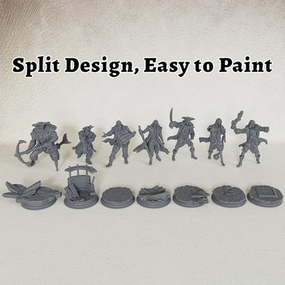 AUSPDICE 28mm DND Minis Fantasy Tabletop RPG Miniatures, Pirate Crew AS800 | 7 Pirate Figures for Dungeon Masters: Skeleton Crew, Shark Warrior, Lookout, Musician and Hooded Rogue for Wargame Adventures
