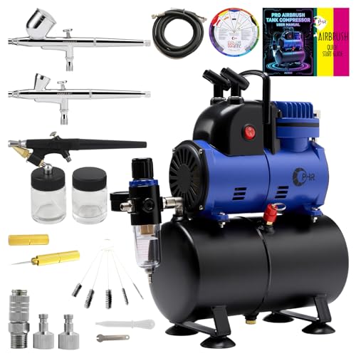 1/5HP Airbrush Compressor Kit with 3 Airbrushes, 3.2L Air Tank | 0.2/0.3/0.8mm Airbrushes with Dual Holders, Cooling Fan and Cleaning Tools for Model Hobby, Craft, Cake & Body Art