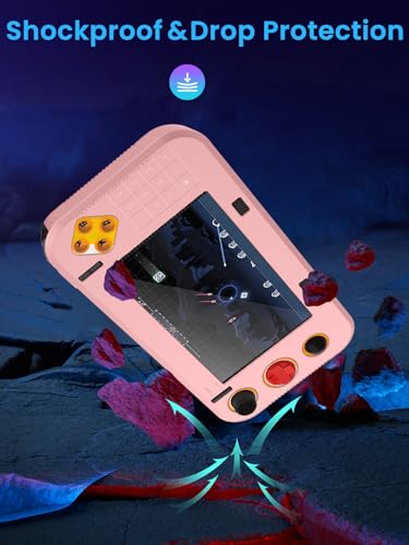 for My Arcade Atari Gamestation Go Silicone Grip Case With 2Pcs 6H PET Soft Film Screen Protector–Shockproof Non-Slip Full Protective Cover,Anti-Scratch Drop Protection Gaming Console Case,Pink