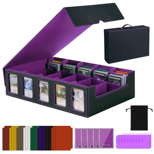 Trading Card Storage Box with Handle,5-Row Portable Leather Game Case for 4000+ Cards,Purple Card Collection Box with Commander Display Window for MTG,Yugioh, and Sports Cards,Gifts for Card Collector - color: Purple