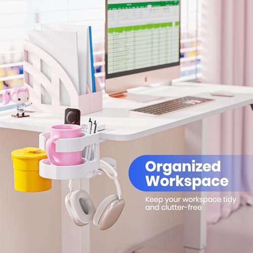 7-in-1 Cup Holder - EURPMASK Desk Organizer with Headphone, Controller Holder, Snack Bucket, and Phone Holder, Clamp-On Desk Accessory with Sturdy Large Storage, Easy to Install, White - color: White